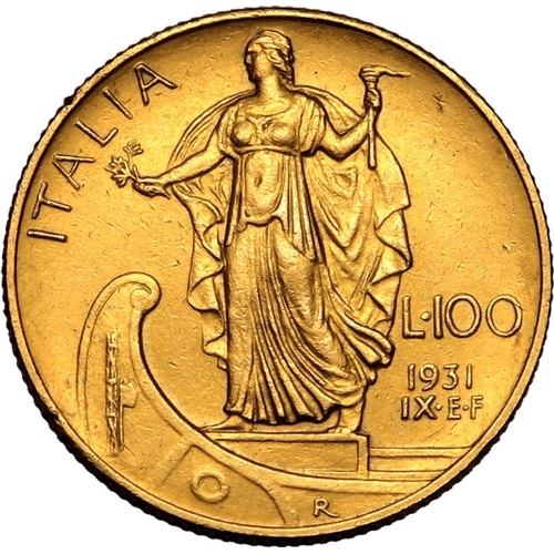 80 - ITALY. Gold 100 lire (100 itl), 1931 R. Vittorio Emanuele III. King Vittorio Emanuele III facing lef... 