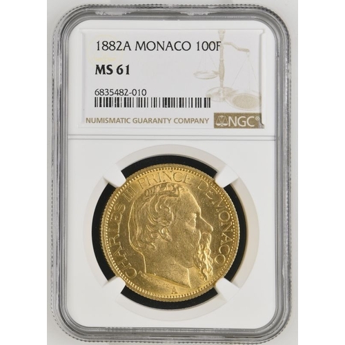 84 - MONACO. Charles III, 1856-89. Gold 100 francs, 1882 A. Paris. Bust of Charles III facing right; &quo... 