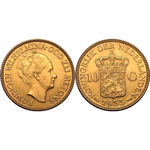 86 - NETHERLANDS. Gold 10 gulden, 1933. Royal Dutch Mint. Wilhelmina. Head of Queen Wilhelmina right, KON... 