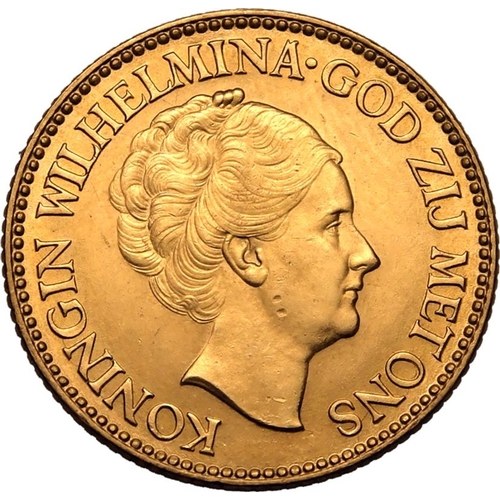 86 - NETHERLANDS. Gold 10 gulden, 1933. Royal Dutch Mint. Wilhelmina. Head of Queen Wilhelmina right, KON... 