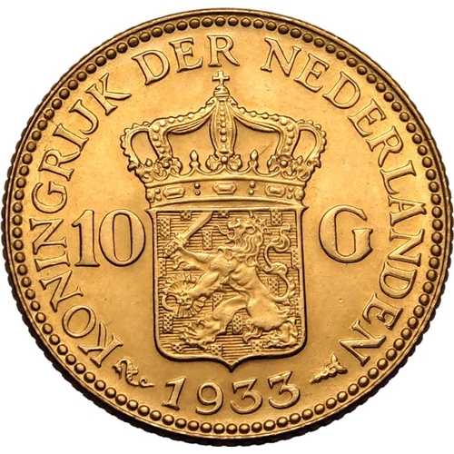 86 - NETHERLANDS. Gold 10 gulden, 1933. Royal Dutch Mint. Wilhelmina. Head of Queen Wilhelmina right, KON... 