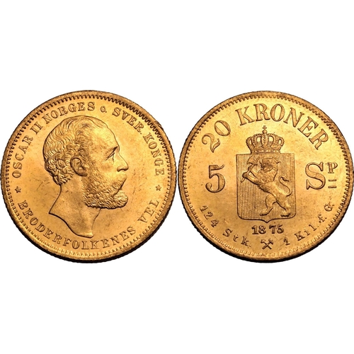 89 - NORWAY. Oscar II. Gold 20 kroner, 1875.  Kongsberg. Oscar II facing right; OSCAR II NORGES o. SVER. ... 