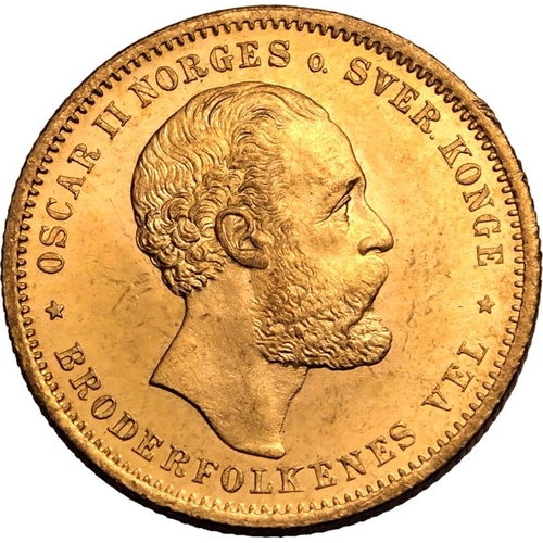 89 - NORWAY. Oscar II. Gold 20 kroner, 1875.  Kongsberg. Oscar II facing right; OSCAR II NORGES o. SVER. ... 