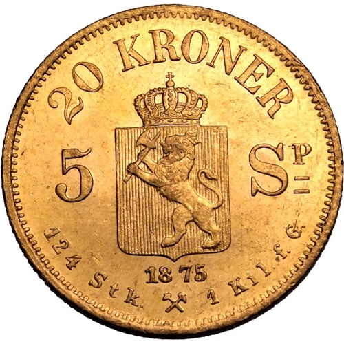 89 - NORWAY. Oscar II. Gold 20 kroner, 1875.  Kongsberg. Oscar II facing right; OSCAR II NORGES o. SVER. ... 