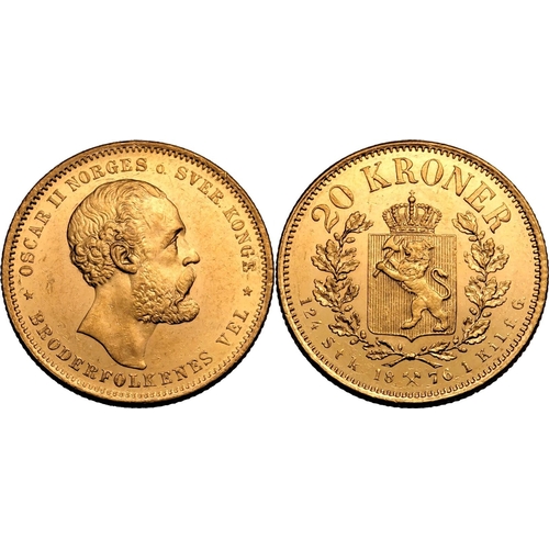 90 - NORWAY. Oscar II. Gold 20 kroner, 1876. Kongsberg. Oscar II facing right; OSCAR II NORGES o. SVER. K... 