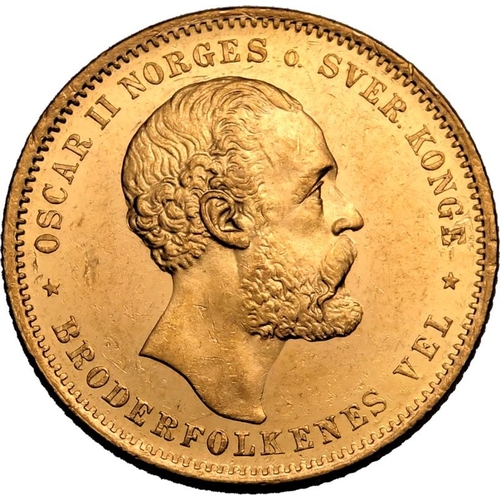 90 - NORWAY. Oscar II. Gold 20 kroner, 1876. Kongsberg. Oscar II facing right; OSCAR II NORGES o. SVER. K... 