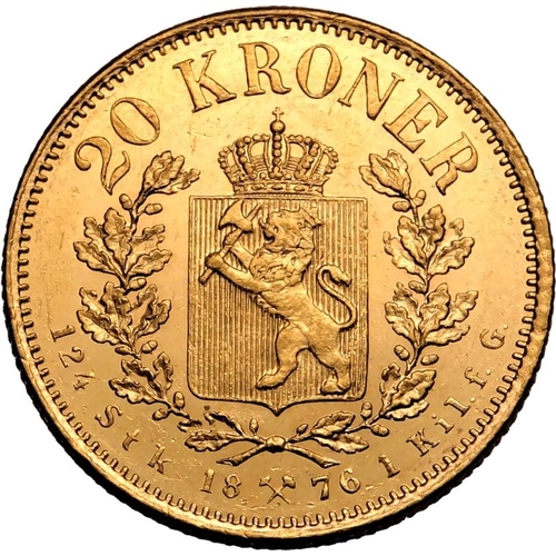 90 - NORWAY. Oscar II. Gold 20 kroner, 1876. Kongsberg. Oscar II facing right; OSCAR II NORGES o. SVER. K... 