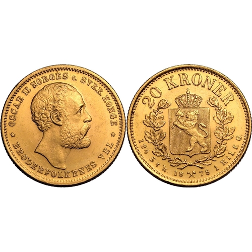 91 - NORWAY. Oscar II. Gold 20 kroner, 1878. Oscar II facing right; OSCAR II NORGES o. SVER. KONGE BRODER... 