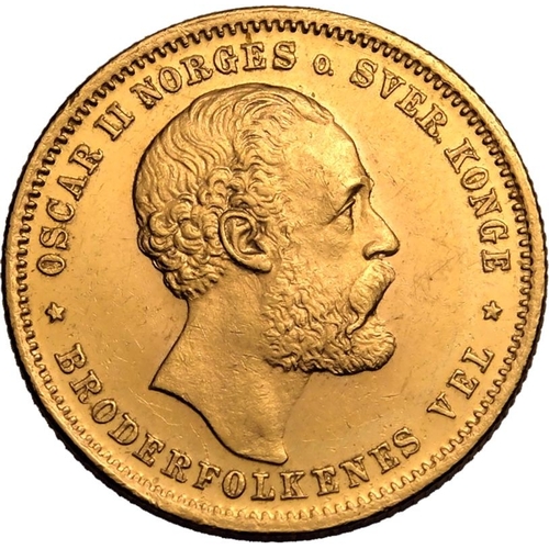 91 - NORWAY. Oscar II. Gold 20 kroner, 1878. Oscar II facing right; OSCAR II NORGES o. SVER. KONGE BRODER... 