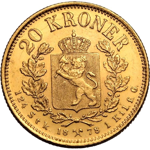 91 - NORWAY. Oscar II. Gold 20 kroner, 1878. Oscar II facing right; OSCAR II NORGES o. SVER. KONGE BRODER... 