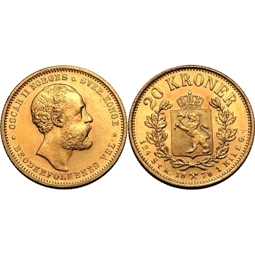 92 - NORWAY. Oscar II. Gold 20 kroner, 1878. Oscar II facing right; OSCAR II NORGES o. SVER. KONGE BRODER... 