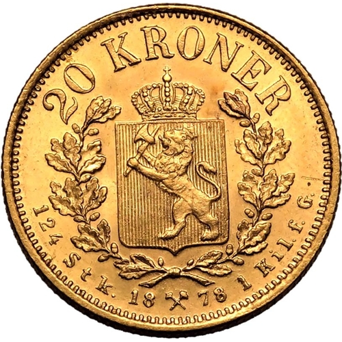 92 - NORWAY. Oscar II. Gold 20 kroner, 1878. Oscar II facing right; OSCAR II NORGES o. SVER. KONGE BRODER... 