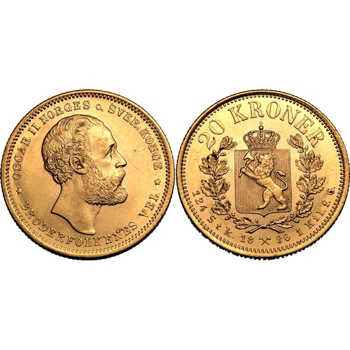 93 - NORWAY. Oscar II. Gold 20 kroner, 1886. Kongsberg. Oscar II facing right; OSCAR II NORGES o. SVER. K... 