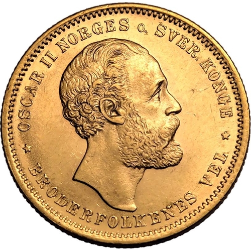 93 - NORWAY. Oscar II. Gold 20 kroner, 1886. Kongsberg. Oscar II facing right; OSCAR II NORGES o. SVER. K... 