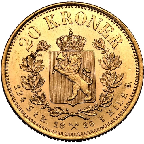 93 - NORWAY. Oscar II. Gold 20 kroner, 1886. Kongsberg. Oscar II facing right; OSCAR II NORGES o. SVER. K... 