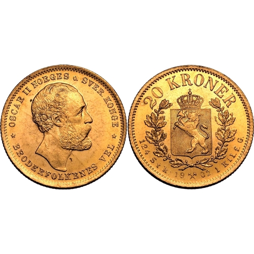 95 - NORWAY. Oscar II. Gold 20 kroner, 1902. Kongsberg. Oscar II facing right; OSCAR II NORGES o. SVER. K... 