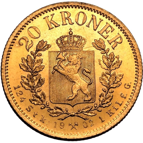 95 - NORWAY. Oscar II. Gold 20 kroner, 1902. Kongsberg. Oscar II facing right; OSCAR II NORGES o. SVER. K... 