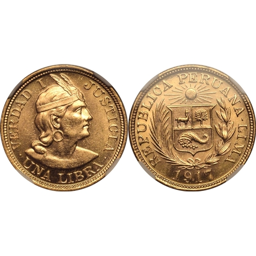 96 - PERU. Gold 1 libra, 1917. Lima. Wreath around coat of arms with legend around, date below; "REP... 