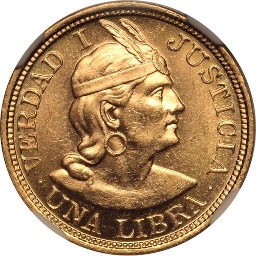 96 - PERU. Gold 1 libra, 1917. Lima. Wreath around coat of arms with legend around, date below; "REP... 