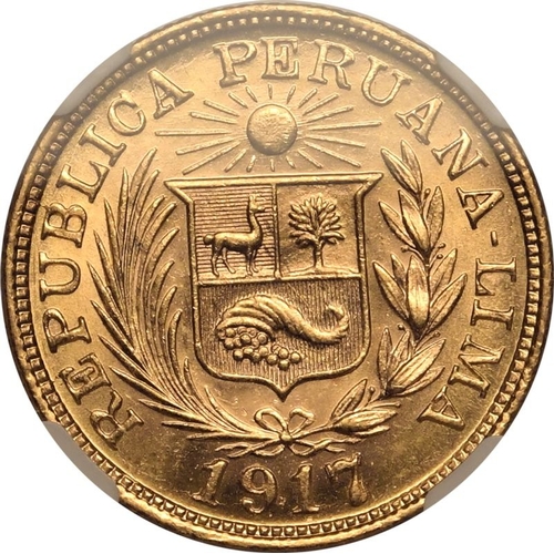 96 - PERU. Gold 1 libra, 1917. Lima. Wreath around coat of arms with legend around, date below; "REP... 