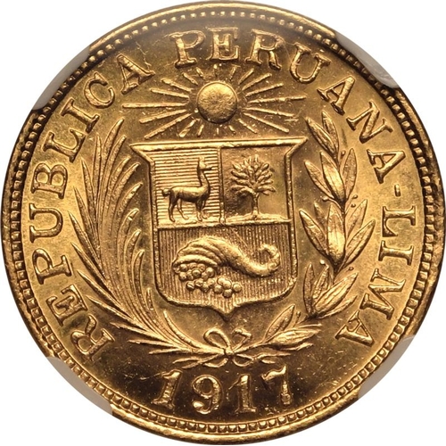 97 - PERU. Gold 1 libra, 1917. Lima. Wreath around coat of arms with legend around, date below; "REP... 