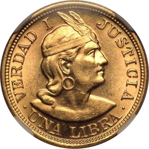 99 - PERU. Gold 1 libra, 1917. Lima. Wreath around coat of arms with legend around, date below; "REP... 