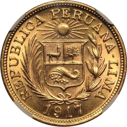 99 - PERU. Gold 1 libra, 1917. Lima. Wreath around coat of arms with legend around, date below; "REP... 