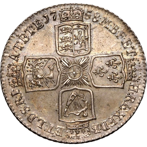 51 - GREAT BRITAIN. George II, 1727-60. Silver shilling, 1758. London. Plain Angles. Older laureate and d... 