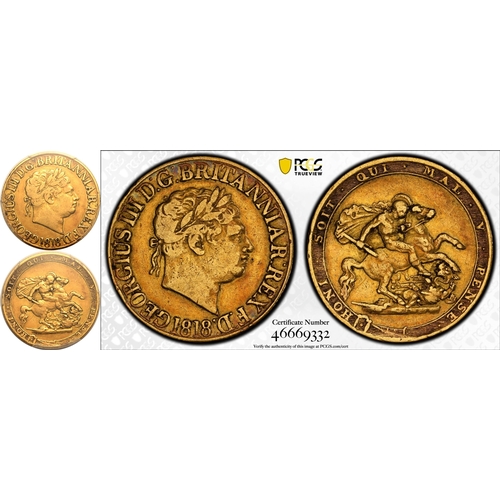 14 - UNITED KINGDOM. George III, 1760-1820. Gold Sovereign, 1818. London. Ascending colon. Laureate head ... 