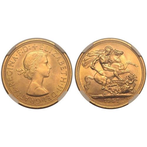 159 - UNITED KINGDOM. Elizabeth II, 1952-2022. Gold Sovereign, 1957. Royal Mint. First, laureate head of E... 