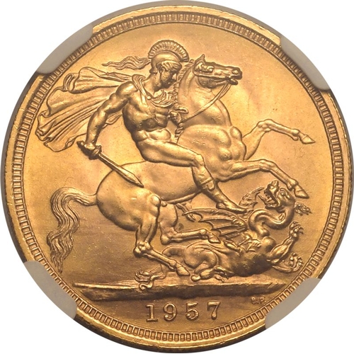 159 - UNITED KINGDOM. Elizabeth II, 1952-2022. Gold Sovereign, 1957. Royal Mint. First, laureate head of E... 