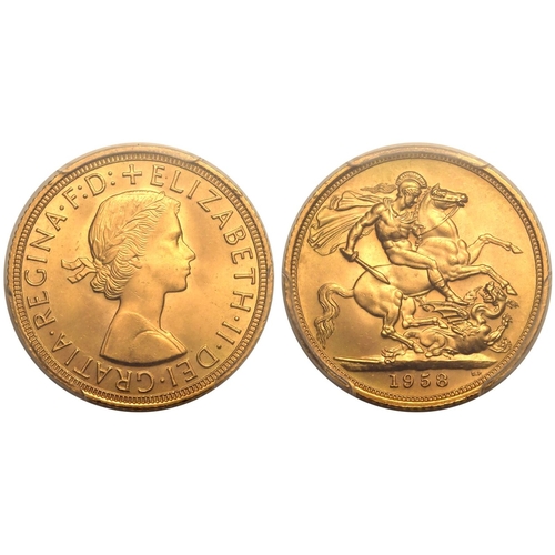 160 - UNITED KINGDOM. Elizabeth II, 1952-2022. Gold Sovereign, 1958. Royal Mint. First, laureate head of E... 