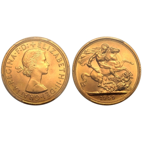 161 - UNITED KINGDOM. Elizabeth II, 1952-2022. Gold Sovereign, 1959. Royal Mint. First, laureate head of E... 