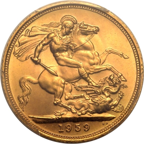 161 - UNITED KINGDOM. Elizabeth II, 1952-2022. Gold Sovereign, 1959. Royal Mint. First, laureate head of E... 