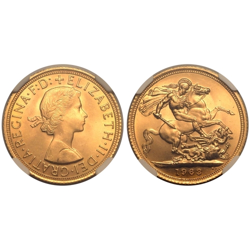 162 - UNITED KINGDOM. Elizabeth II, 1952-2022. Gold Sovereign, 1963. Royal Mint. First, laureate head of E... 