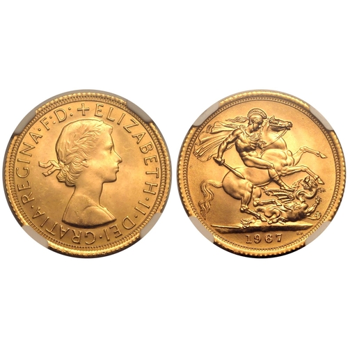 164 - UNITED KINGDOM. Elizabeth II, 1952-2022. Gold Sovereign, 1967. Royal Mint. First, laureate head of E... 