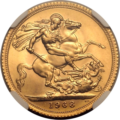 165 - UNITED KINGDOM. Elizabeth II, 1952-2022. Gold Sovereign, 1968. Royal Mint. First, laureate head of E... 