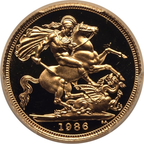 168 - UNITED KINGDOM. Elizabeth II, 1952-2022. Gold Sovereign, 1986. Royal Mint. Proof. Third crowned head... 