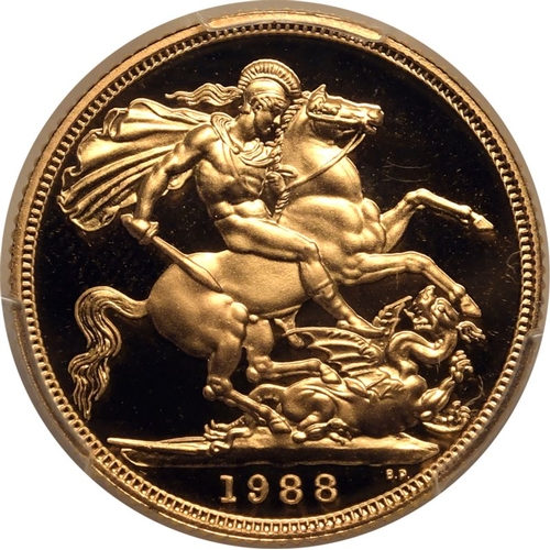 169 - UNITED KINGDOM. Elizabeth II, 1952-2022. Gold Sovereign, 1988. Royal Mint. Proof. Third crowned head... 