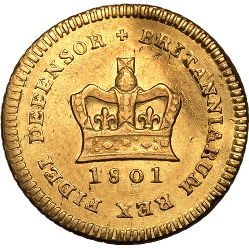 183 - UNITED KINGDOM. George III, 1760-1820. Gold 1/3 guinea, 1801. Royal Mint. Laureate head of King Geor... 