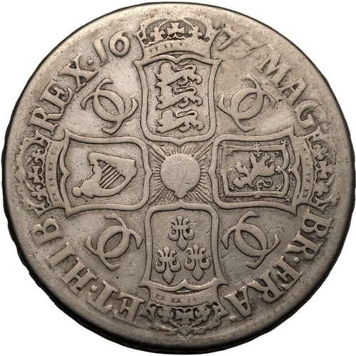 184 - ENGLAND. Charles II, 1660-85. Silver Crown, 1677. London. Third laureate and draped bust of King Cha... 