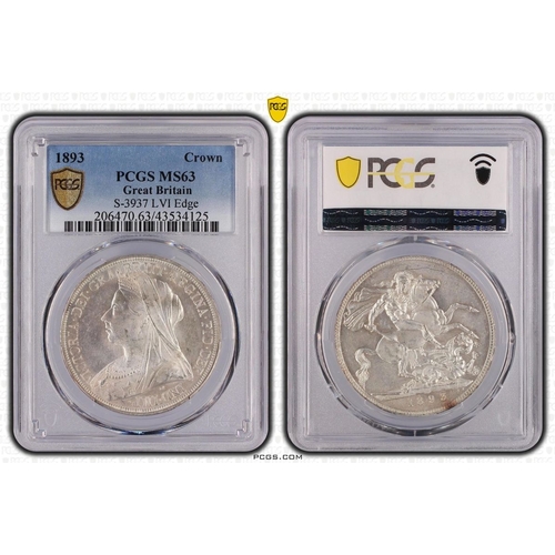 186 - UNITED KINGDOM. Victoria, 1837-1901. Silver crown, 1893. Royal Mint. LVI. Old, veiled head facing le... 