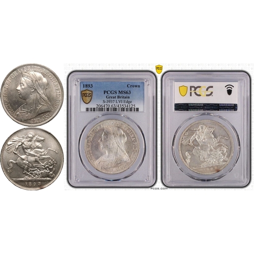 186 - UNITED KINGDOM. Victoria, 1837-1901. Silver crown, 1893. Royal Mint. LVI. Old, veiled head facing le... 