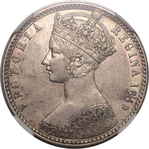 195 - UNITED KINGDOM. Victoria, 1837-1901. Silver florin, 1849. Royal Mint. Godless. Crowned 'Gothic' head... 