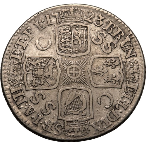 198 - GREAT BRITAIN. George I, 1714-27. Silver Shilling, 1723. London. SSC. Second draped bust right, bow ... 