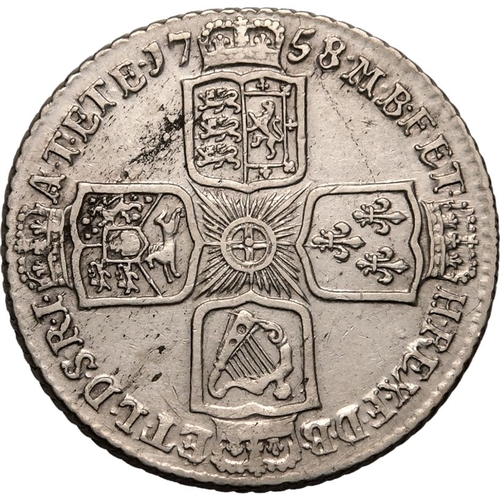 199 - GREAT BRITAIN. George II, 1727-60. Silver Shilling, 1758. Plain Angles. Older laureate and draped bu... 