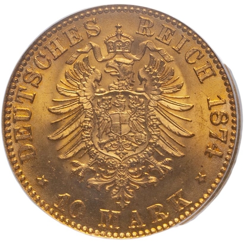 206 - GERMANY. PRUSSIA. Wilhelm I. Gold 10 mark, 1874 A. Berlin. In secure plastic holder, graded PCGS MS6... 