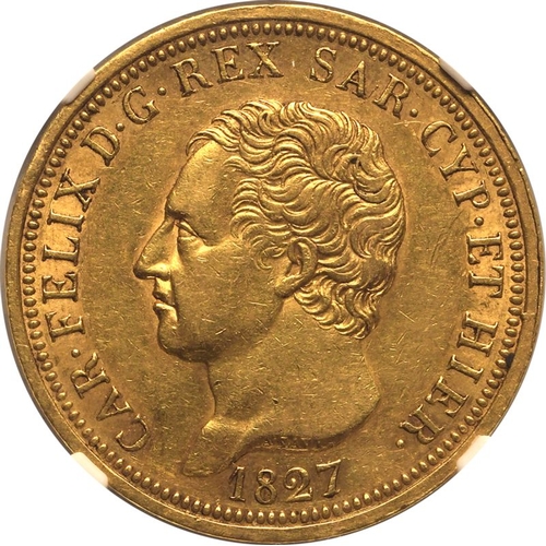 207 - ITALY. SARDINIA. Gold 80 lire (80), 1827 L. Carlo Felice. In secure plastic holder, graded NGC AU 58... 