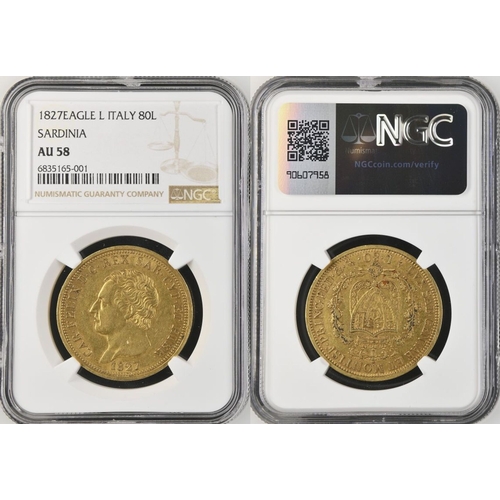 207 - ITALY. SARDINIA. Gold 80 lire (80), 1827 L. Carlo Felice. In secure plastic holder, graded NGC AU 58... 