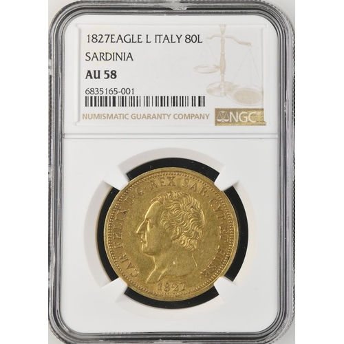 207 - ITALY. SARDINIA. Gold 80 lire (80), 1827 L. Carlo Felice. In secure plastic holder, graded NGC AU 58... 